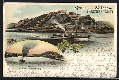 Lithographie Koblenz, Blick zur Feste auf dem Berg, Blick auf Ehrenbreitenstein
