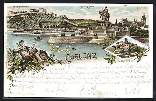 Lithographie Coblenz, Panorama mit Ehrenbreitstein, Provinzial-Denkmal und Castorkirche, Fort Constantin