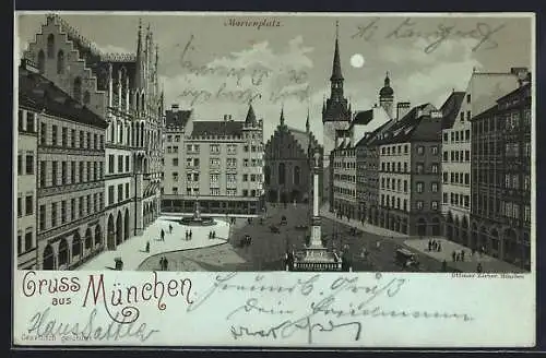 Lithographie München, Marienplatz mit Kirche
