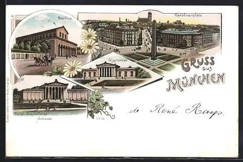 Lithographie München, Karolinenplatz, Basilica, Glyptothek
