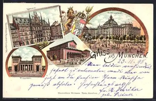 Lithographie München, Rathaus, Propyläen, Basilika und Justizpalast, Wappen