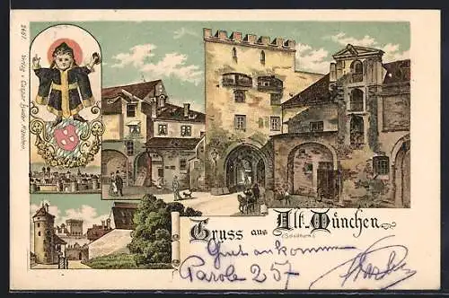 Lithographie München, Partie in Alt-München, Kindl, Wappen