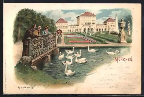 Lithographie München-Nymphenburg, Schloss und Schwanenteich