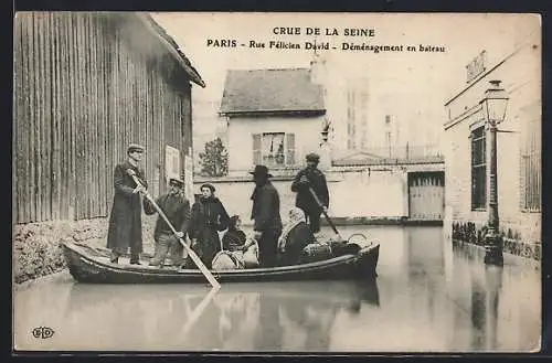AK Paris, Rue Félicien David, Déménagement en bateau lors de la crue de la Seine