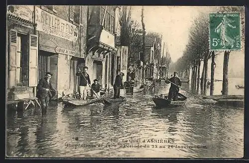 AK Asnières, Le Quai inondé en 1910 avec bateaux pendant les inondations du 22 au 26 janvier