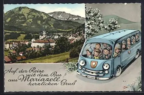 AK Mariazell, Ortsansicht, Passepartout mit Kindern in einem Autobus