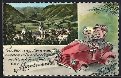 AK Mariazell, Ortsansicht, Passepartout mit Kindern in einem Auto