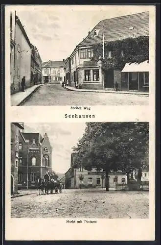 AK Seehausen / Wanzleben, Strasse Breiter Weg, Markt mit Postamt