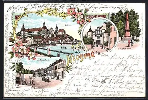 Lithographie Neuburg a. D., Luitpoldstrasse, Kriegerdenkmal, Schloss