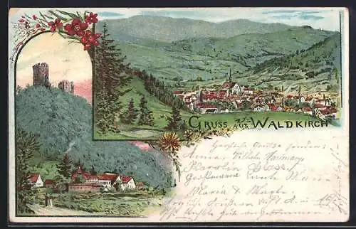Lithographie Waldkirch / Breisgau, Ortsansicht aus der Vogelschau