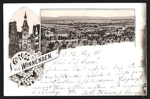 Lithographie Winnenden, Strassenpartie und Totalansicht