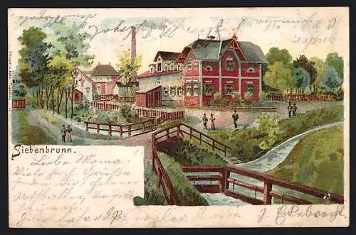 Lithographie Siebenbrunn / Haunstetten, Ortspartie mit Passanten