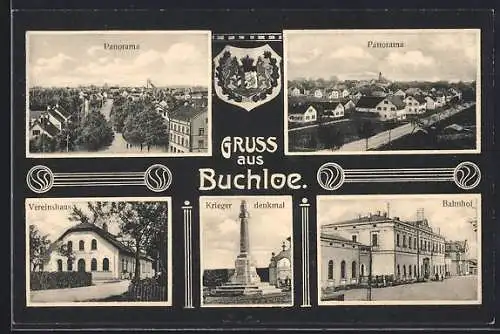 AK Buchloe, Bahnhof, Vereinshaus, Panorama und Kriegerdenkmal