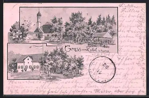 AK Augsburg, Gasthof Kobel mit Blick zur Kirche