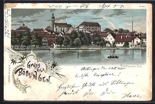 Lithographie Böblingen, Parthie am See, Regenbogen, Teilansicht