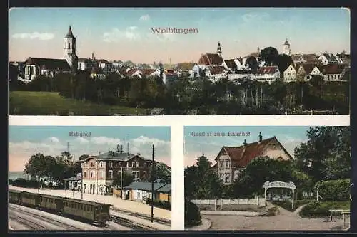 AK Waiblingen, Gasthof zum Bahnhof, Bahnhof, Teilansicht