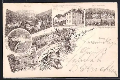 Lithographie Ernstthal i. Odenwald, Gasthaus zur Post, Brauerei, Schloss Waldleiningen