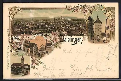 Lithographie Waiblingen, Äussere Kirche, Beinsteiner Tor, Marktplatz, Pferdegespann