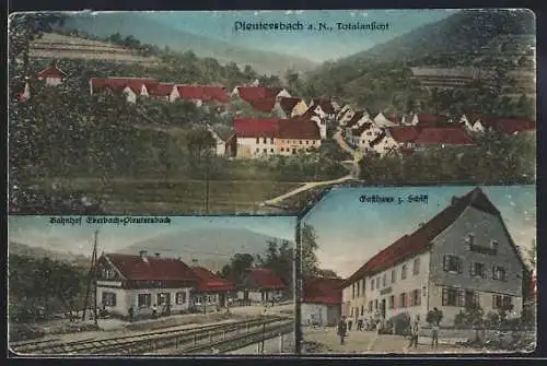 AK Pleutersbach a. N., Gasthof zum Schiff, Bahnhof Eberbach-Pleutersbach, Totalansicht