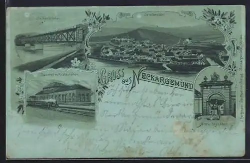 Mondschein-Lithographie Neckargemünd, Bahnhof mit Restaurant, Altes Stadttor, Totalansicht