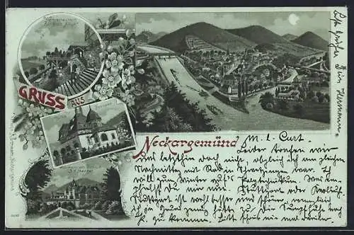 Mondschein-Lithographie Neckargemünd, Restaurant zur Stadt Athen, Villa Bronner, Wohnhaus von Consul J. F. Menzer
