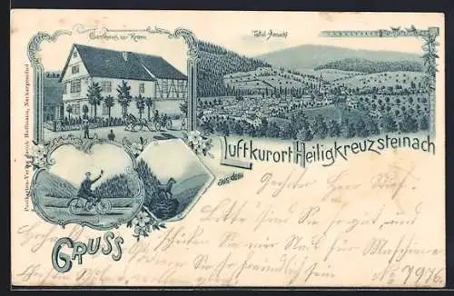 Lithographie Heiligkreuzsteinach, Gasthaus zur Krone, Totalansicht und Radfahrer