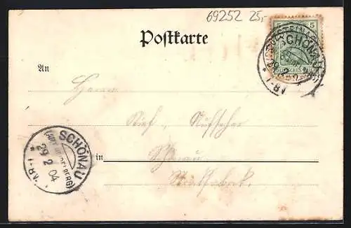 Lithographie Heiligkreuzsteinach, Gasthaus zur Krone, Totalansicht und Radfahrer