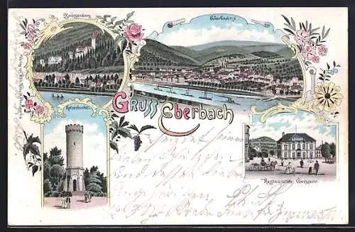 Lithographie Eberbach / Neckar, Restaurant Geissner, Zwingenberg, Katzenbuckel