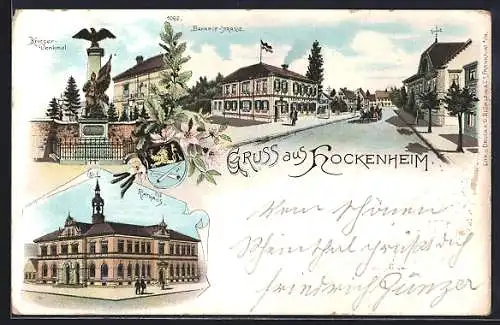 Lithographie Hockenheim, Bahnhof-Strasse mit Kaiserl. Postamt, Rathaus, Kriegerdenkmal, Wappen