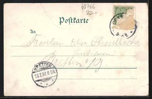 Lithographie Hockenheim, Bahnhof-Strasse mit Kaiserl. Postamt, Rathaus, Kriegerdenkmal, Wappen