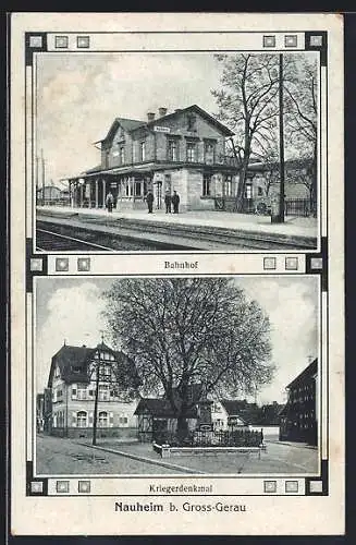 AK Nauheim b. Gross-Gerau, Bahnhof und Kriegerdenkmal