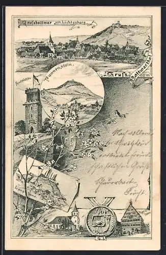 Lithographie Grossbottwar, Rathaus, Aussichtsturm, Kirche, Punnenstein, Langhans