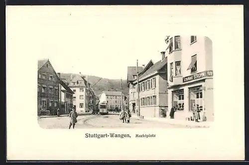 AK Stuttgart-Wangen, Strassenbahn am Marktplatz