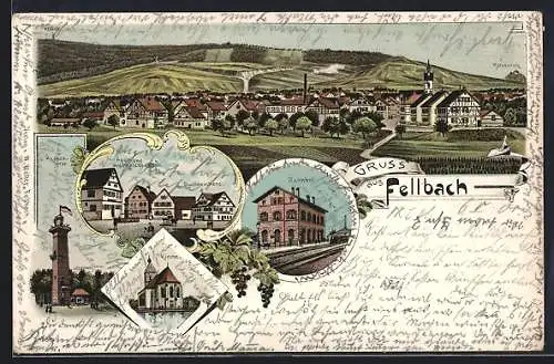Lithographie Fellbach, Bahnhof, Kernen-Turm, Apotheke und Buchdruckerei