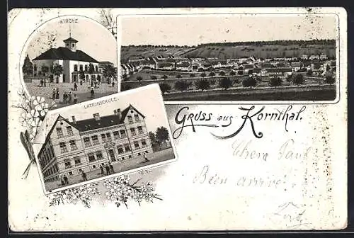 Lithographie Kornthal / Württ., Kirche, Lateinschule, Ortsansicht