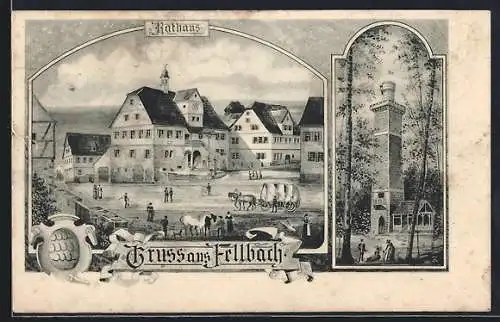 AK Fellbach, Blick zum Rathaus, Aussichtsturm