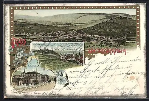 Lithographie Untertürkheim, Bahnhof, Schloss v. Ort Rothenberg, Ortsansicht