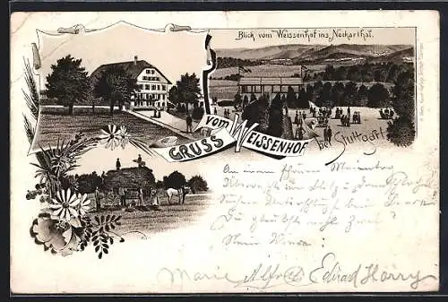 Vorläufer-Lithographie Stuttgart, 1895, Gasthof Weissenhof mit Blick ins Neckarthal