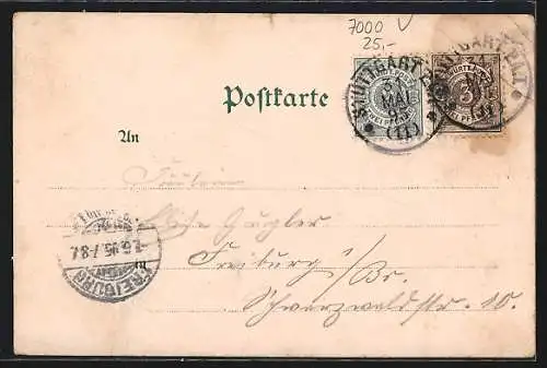 Vorläufer-Lithographie Stuttgart, 1895, Gasthof Weissenhof mit Blick ins Neckarthal