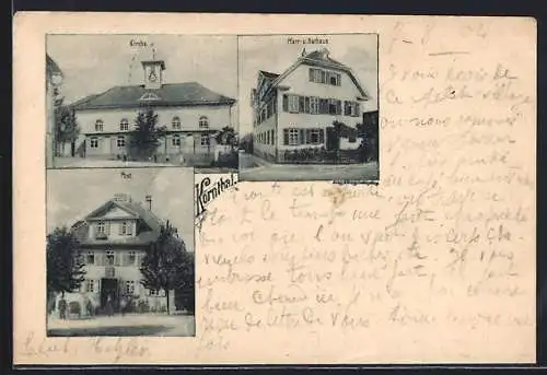 AK Kornthal / Württ., Kirche, Postgebäude, Pfarr- und Rathaus