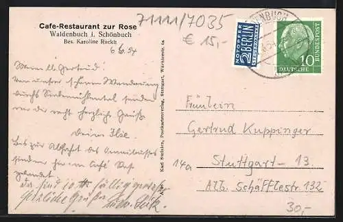 AK Waldenbuch i. Schönbuch, Café-Restaurant zur Rose v. Karoline Ruckh, Totalansicht