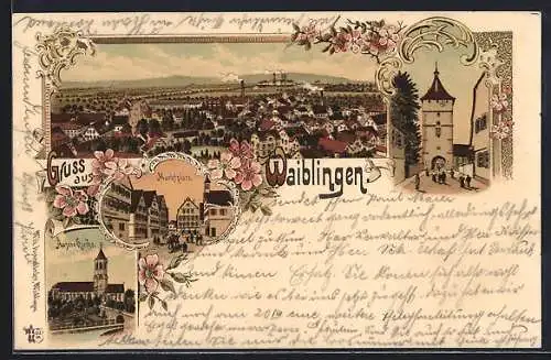 Lithographie Waiblingen, Beinsteiner Tor, Äussere Kirche, Marktplatz
