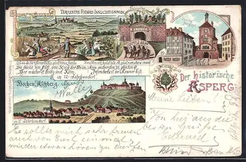 Lithographie Asperg, Strassenpartie am inneren Burgthor, Festungsthor