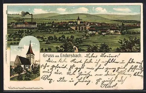 Lithographie Endersbach, Partie an der Kirche, Totalansicht