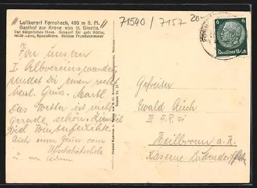 AK Fornsbach, Gasthof zur Krone v. S. Gmelin, Waldsee, Totalansicht