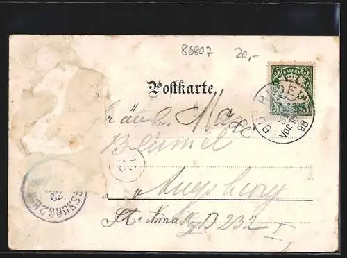 Lithographie Buchloe, Kirche, Am Mühlbach, Totalansicht, Bahnhof
