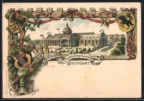 Lithographie Stuttgart, V. deutsches Sängerbundfest 1896, Blick zur Festhalle
