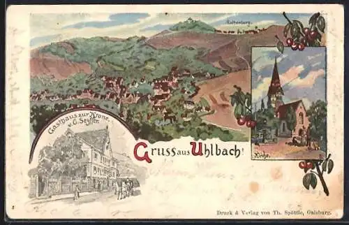 Künstler-AK Stuttgart, Uhlbach, Kirche, Gasthaus zur Krone, Blick zum Rothenberg