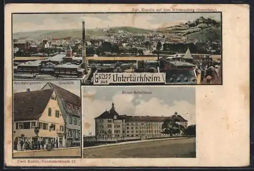 AK Untertürkheim, Zigarrengeschäft Paul Kurrle, Canstatterstrasse 12, Neues Schulhaus