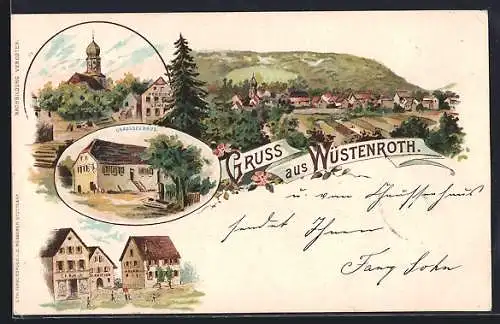 Lithographie Wüstenrot, Gasthaus zum Adler, Chausseehaus, Pension Löwe